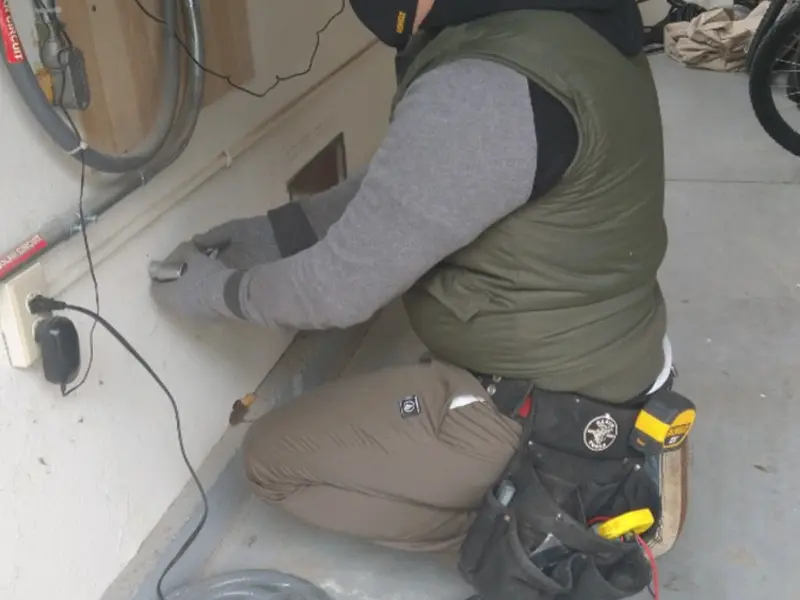 Electrician performing outlet wiring in a Siesta Key garage